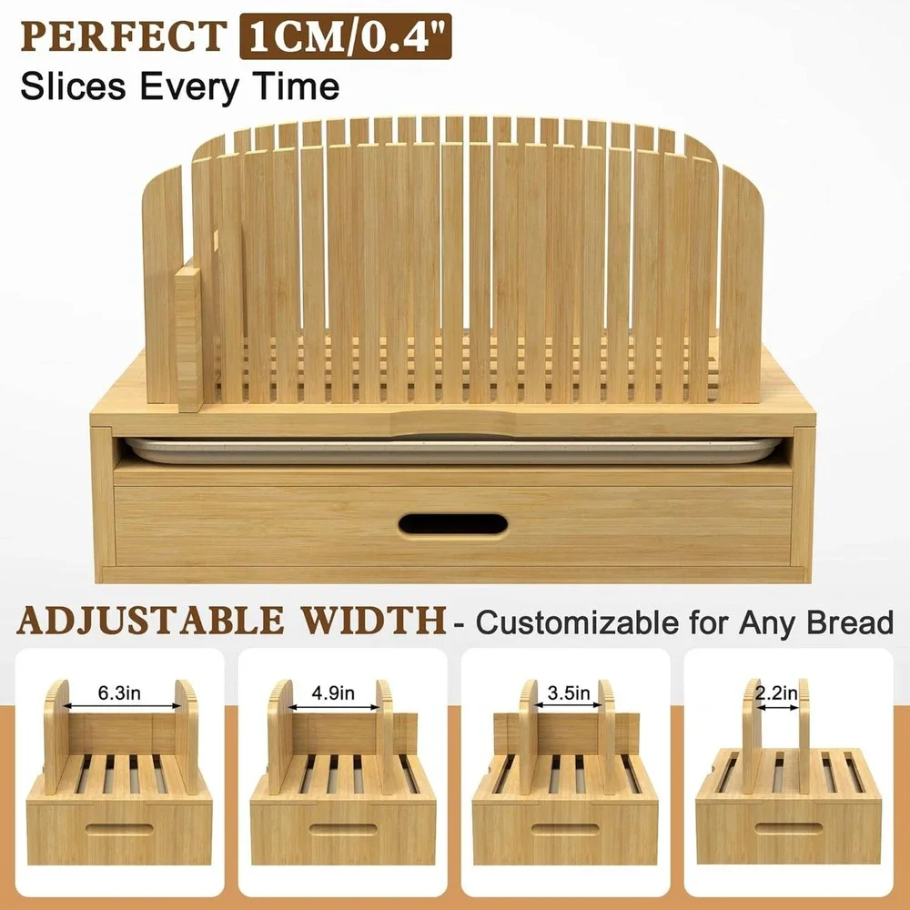 Bamboo Bread Slicer Guide Adjustable Width Wood Slicing Tool with Crumb Tray New